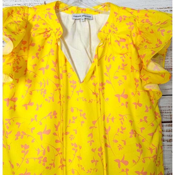 Karina Grimaldi Women's V Neck Tassel Flutter Sleeve Floral Top Bright Yellow XS - Picture 6 of 11